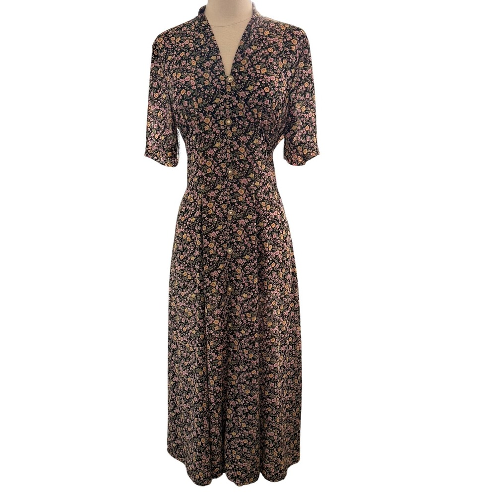 Ms Chaus Vintage Floral Maxi Dress Black Pink Yellow Pearl Button Size 8 Womens